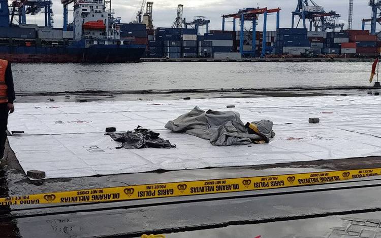 Dua kantong jenazah berisi properti pesawan dan potongan tubuh dari pesawat Sriwijaya Air SJ182 yang jatuh di perairan Kepulauan Seribu, DKI Jakarta, Minggu (10/1/2021). (ANTARA/Andi Firdaus)