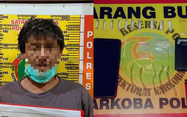 Terduga pelaku kasus sabu dan barang bukti saat diamankan Satresnarkoba Polres Kapuas.