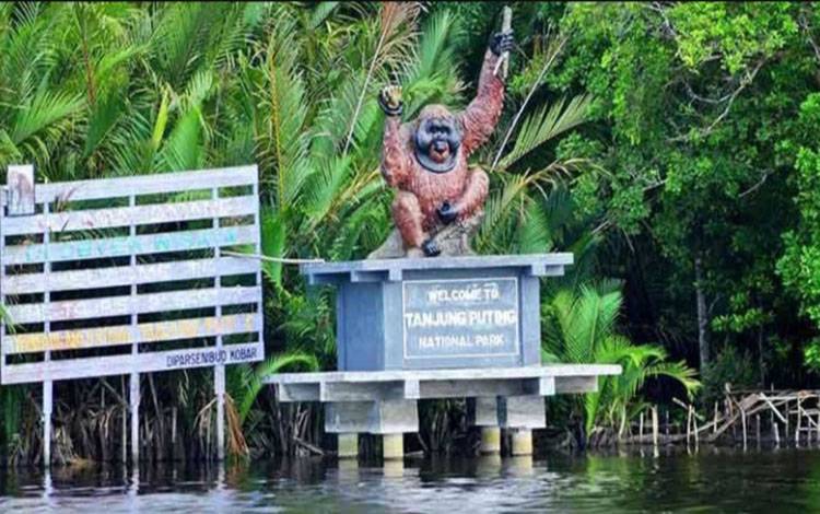 Patung orangutan di muara Sungai Sekonyer menuju Taman Nasional Tanjung Puting (TNTP).