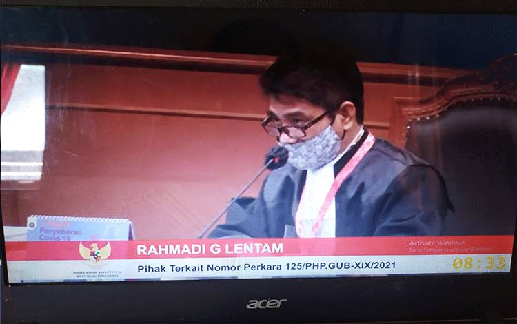 Rahmadi G Lentam sebagai salah satu Kuasa Hukum mewakili Sugianto Sabran dan H Edy Pratowo dalam sidang MK, Rabu, 3 Februari 2021.