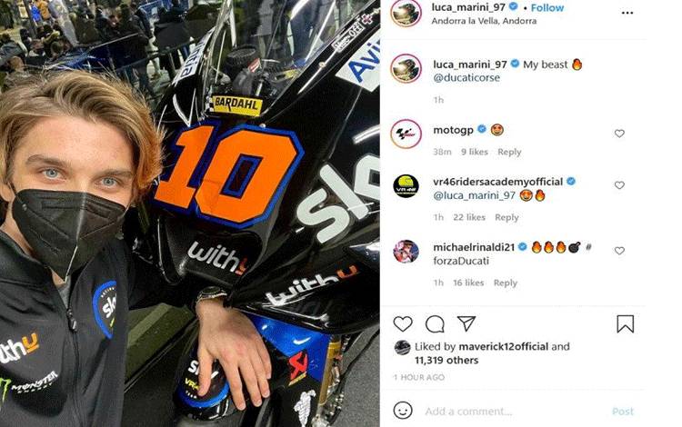 Tangkapan layar Instagram @luca_marini_97: Luca Marini memperkenalkan tunggangan barunya untuk MotoGP 2021 bersama tim Avintia Esponsorama Racing (Instagram/luca_marini_97)