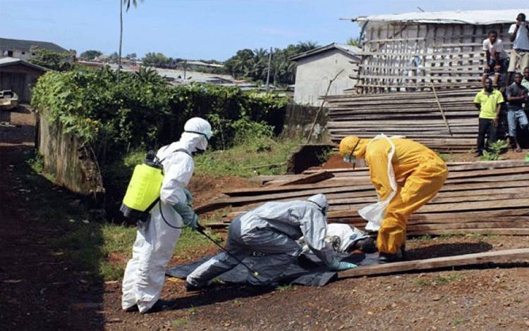 Petugas kesehatan memindahkan jasad wanita yang tewas akibat virus Ebola di distrik Abeerden, Freetown, Sierra Leone, Selasa (14/10). (Foto: REUTERS/Josephus Olu-Mammah)