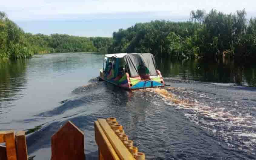 Salah satu perahu di tempat wisata Susur Sungai Air Hitam Kota Palangka Raya sedang mengantarkan wisatawan menyusuri sungai air hitam.