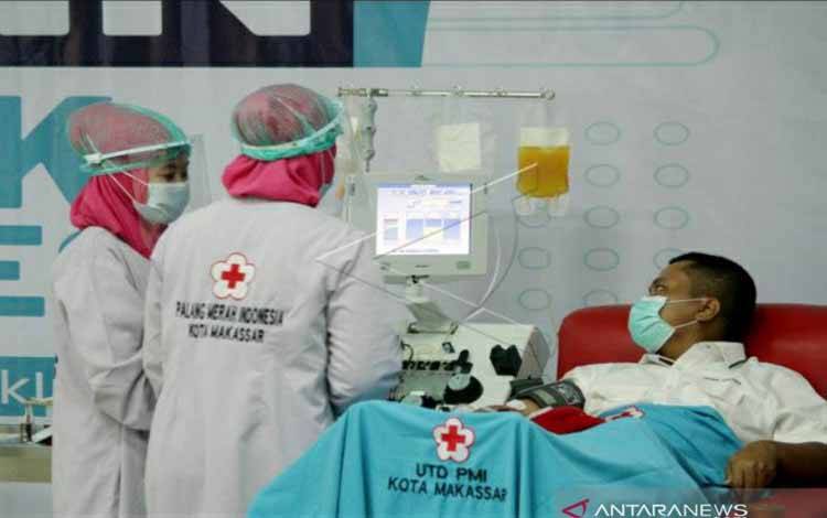 Pasien yang sudah sembuh dari COVID-19 melakukan donor plasma konvalesen di Kantor Palang Merah Indonesia (PMI) Makassar, Sulawesi Selatan, Senin (8/2/2021)