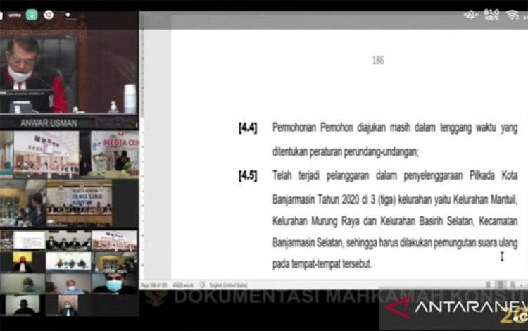 Sidang putusan MK terhadap sengketa Pilkada Kota Banjarmasin 2020.(Antaranews Kalsel/istimewa)