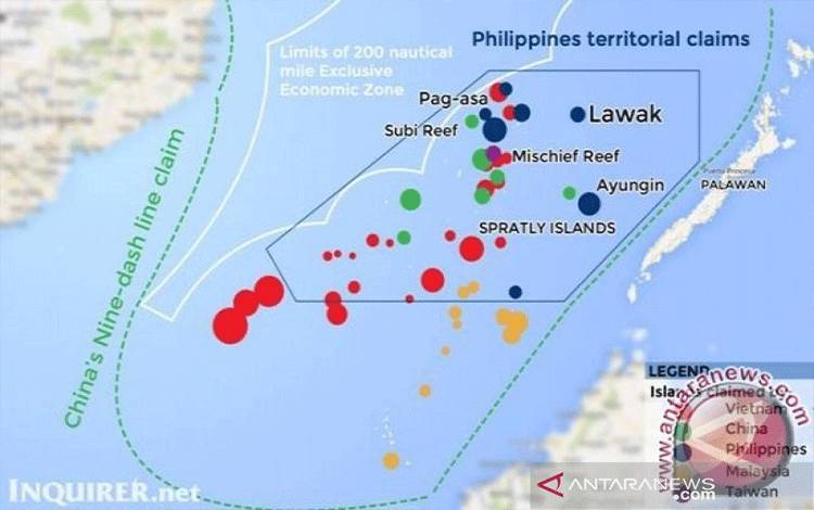 Peta konflik klaim wilayah antar-negara di Laut China Selatan. (ANTARA/inquirer.net/pri.) (ANTARA/inquirer.net/pri.)