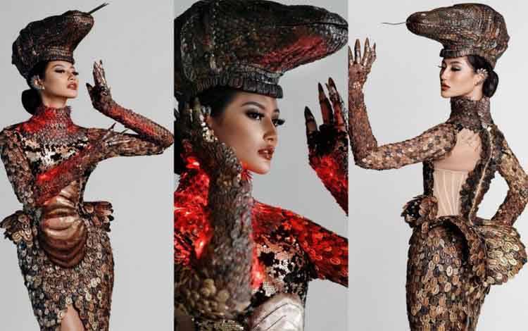 Kostum nasional yang digunakan oleh finalis Miss Universe 2020 asal Indonesia Ayu Maulida bertajuk "Komodo Dragon: an Indonesian Prehistoric Heritage" (ANTARA/Instagram @officialputeriindonsia)