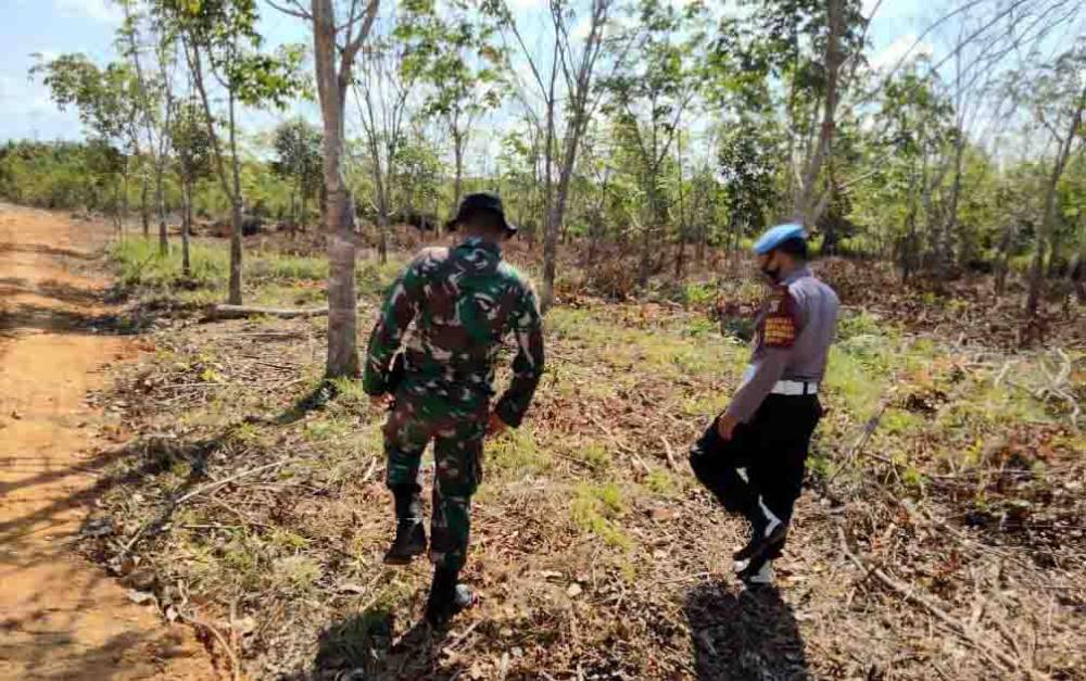 Personel Polsek Danau Sembuluh bersama TNI lakukan pengecekan lahan mudah terbakar di wilayah Desa Terawan