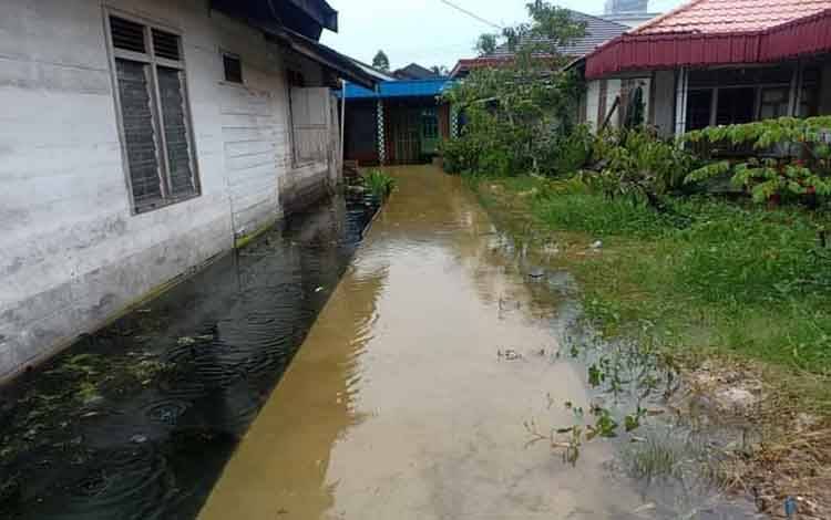 Sebagian pekarangan rumah warga terendam air lantaran drainase tidak berfungsi dengan baik