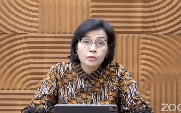 Menteri Keuangan Sri Mulyani Indrawati dalam Rakorbangpus 2021 di Jakarta, Kamis (29/4/2021). (ANTARA/AstridFaidlatulHabibah)