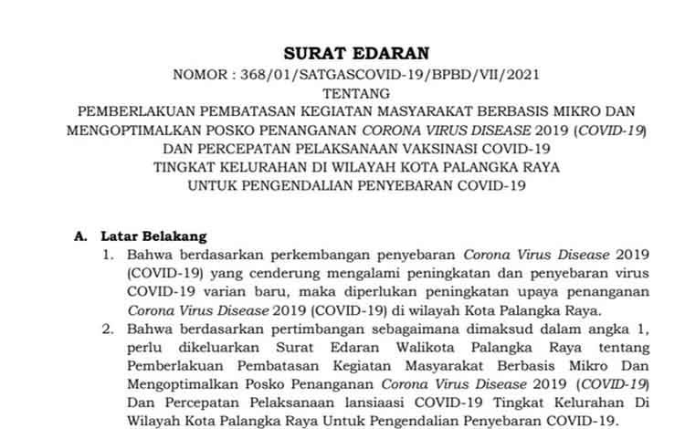 Edaran Wali Kota Palangka Raya Nomor 368/01/Satgas-19/BPBD/VII/2021