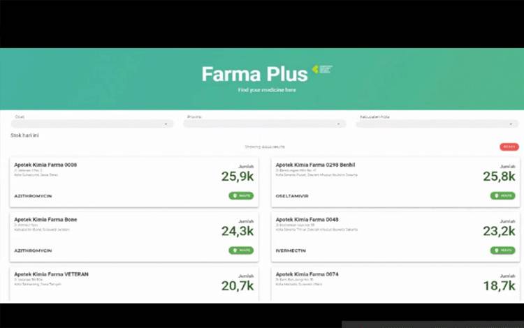 Tangkapan layar dari aplikasi Farma Plus yang segera diluncurkan Kementerian Kesehatan untuk diakses masyarakat dalam memonitoring ketersediaan obat terapi COVID-19 di berbagai fasilitas layanan kesehatan. (ANTARA/Andi Firdaus).