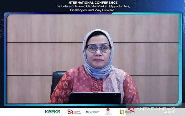 Tangkapan Layar Menteri Keuangan Sri Mulyani saat Konferensi Internasional Komite Nasional Ekonomi dan Keuangan Syariah (KNEKS) secara daring di Jakarta, Kamis (15/07/2021) (ANTARA/Agatha Olivia)