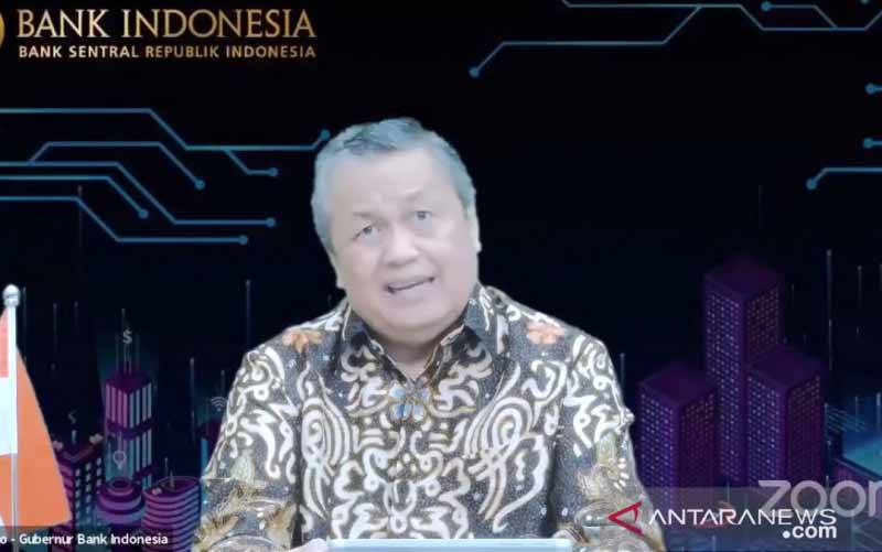 Tangkapan Layar Gubernur Bank Indonesia Perry Warjiyo dalam Diskusi Daring di Jakarta, Minggu (25/07/2021). (foto : ANTARA/Agatha Olivia)