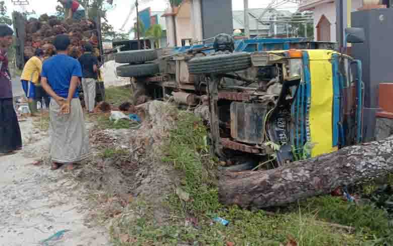 Truk muatan sawit tabral pohon dan terguling usai hindari mobil Puso, di Jalan Natai Arahan, Kelurahan Sidorejo.