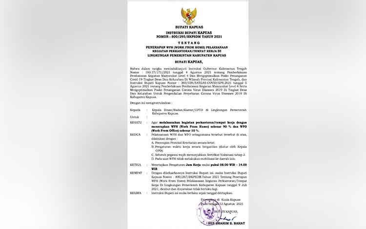 Instruski Bupati Kapuas tentang penerapan WFH pelaksanaan kegiatan perkantoran/tempat kerja di lingkungan Pemkab Kapuas.