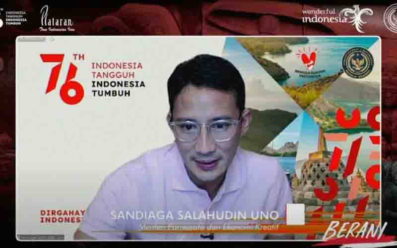 Menteri Pariwisata dan Ekonomi Kreatif Sandiaga Uno saat mengikuti peluncuran program "Bersama Generasi Kini (Berani)" secara virtual di Jakarta, Minggu (22/8/2021). (foto : ANTARA/HO-Kemenparekraf)