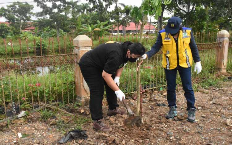 Kepala DLH Kabupaten Kapuas, Kusmiatie menanam pohon di pinggir ruas Jalan Pemuda Kuala Kapuas