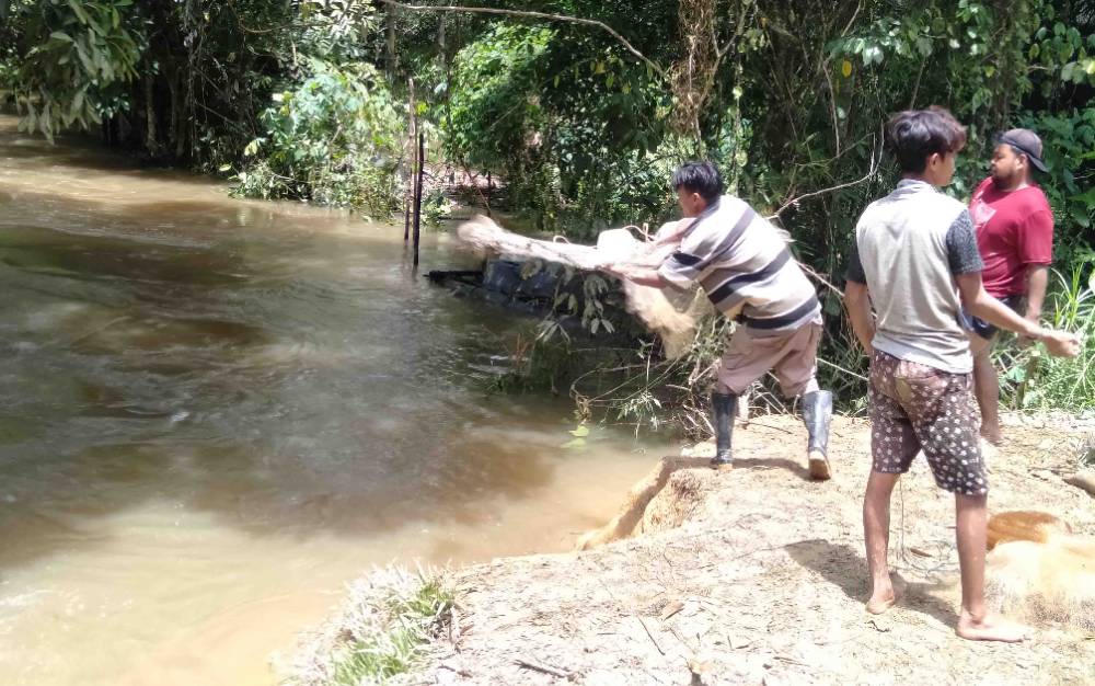 Banjir di Kasongan dimanfaatkan sejumlah warga mencari ikan.