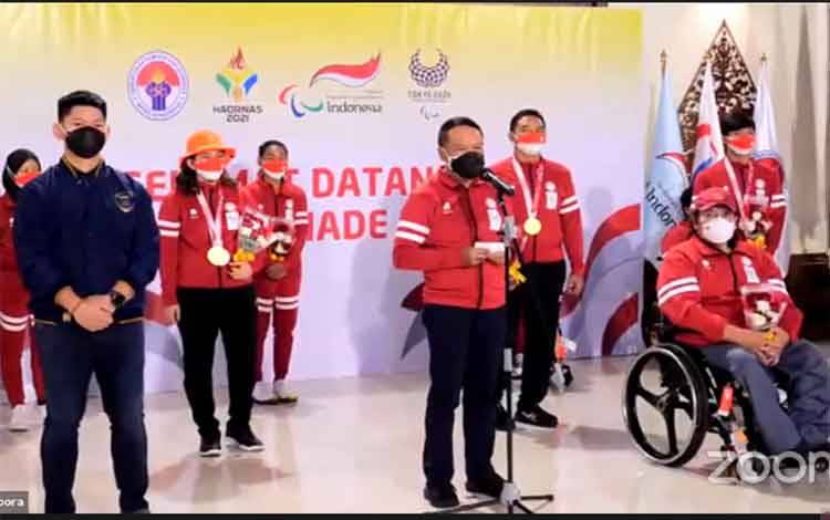 Tangkap layar Menteri Pemuda dan Olahraga (Menpora) Zainudin Amali saat memberi sambutan dalam penyambutan kepulangan kloter terakhir Kontingen Indonesia untuk Paralimpiade Tokyo di Bandar Udara Soekarno-Hatta, Cengkareng, Tangerang, Selasa (7/9/2021). (ANTARA/Muhammad Ramdan)
