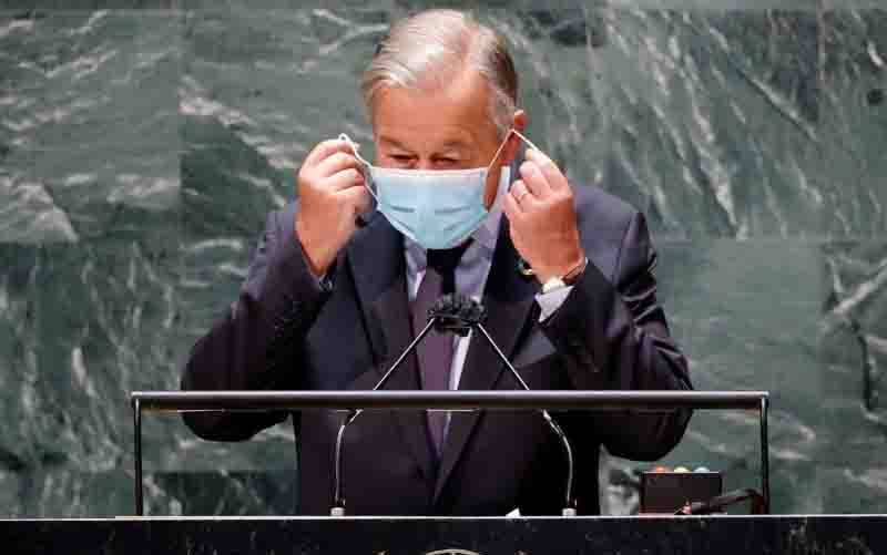 Sekjen PBB Antonio Guterres berbicara pada SDG Moment, acara yang menjadi bagian dari Sidang ke-76 Majelis Umum PBB di New York, AS, Senin (20/9/2021). (foto : ANTARA/Reuters)