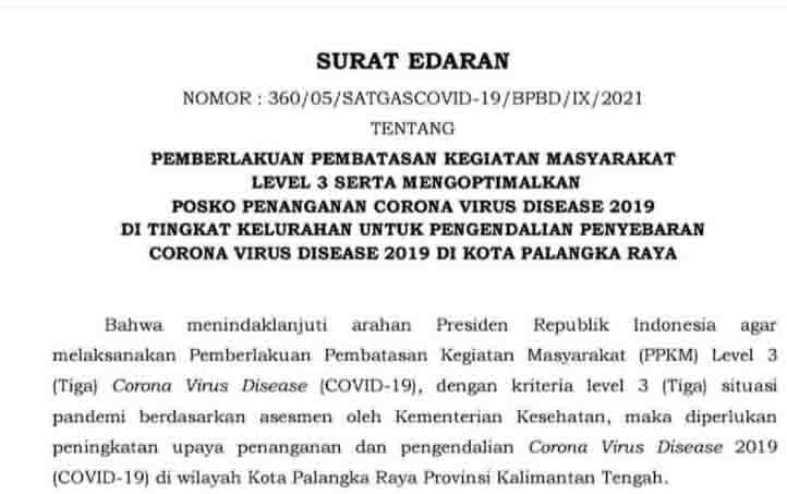 Surat edaran Wali Kota Palangka Raya tentang PPKM Level 3