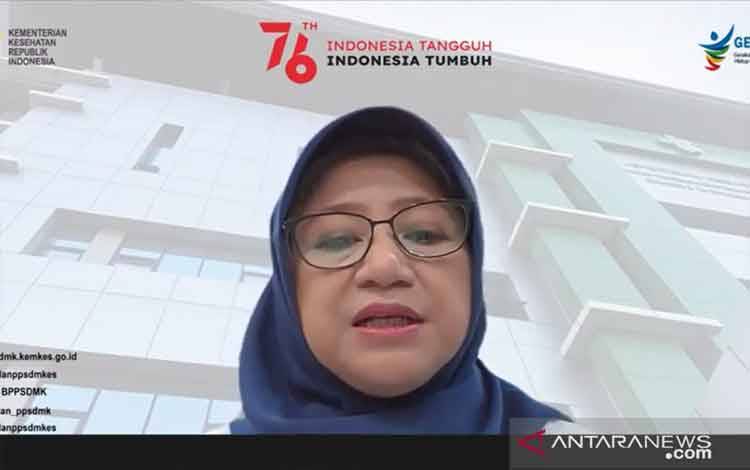 Tangkapan layar Plt. Kepada Badan PPSDM Kemenkes Kirana Pritasari dalam konferensi pers virtual dipantau dari Jakarta pada Senin (27/9/2021)  (ANTARA/Prisca Triferna)