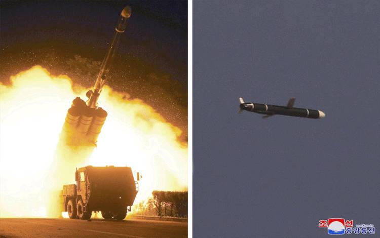Akademi Ilmu Pertahanan Nasional melakukan uji coba rudal jelajah jarak jauh di Korea Utara, seperti yang digambarkan dalam kombinasi foto tak bertanggal yang disediakan oleh Kantor Berita Pusat Korea (KCNA) Korea Utara pada Senin (13/9/2021). ANTARA FOTO/KCNA via REUTERS/WSJ/sa
