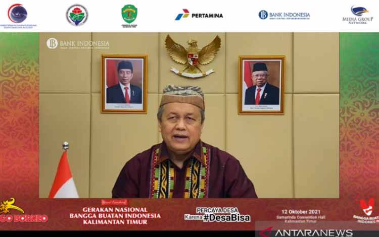 Gubernur Bank Indonesia, Perry Warjiyo berpartisipasi secara daring di Jakarta dalam acara Peresmian Gerakan Nasional Bangga Buatan Indonesia (Gernas BBI), Selasa (12/10/2021)