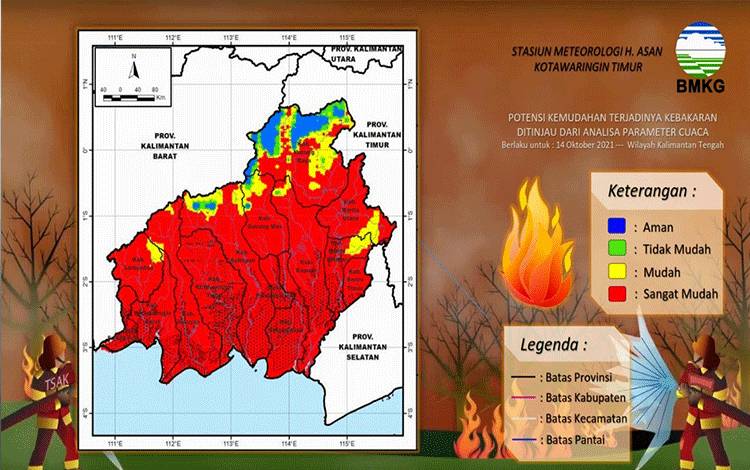 Peta kerawanan berdasarkan analisa cuaca, Kotawaringin Timur, masuk kategori sangat mudah terbakar.