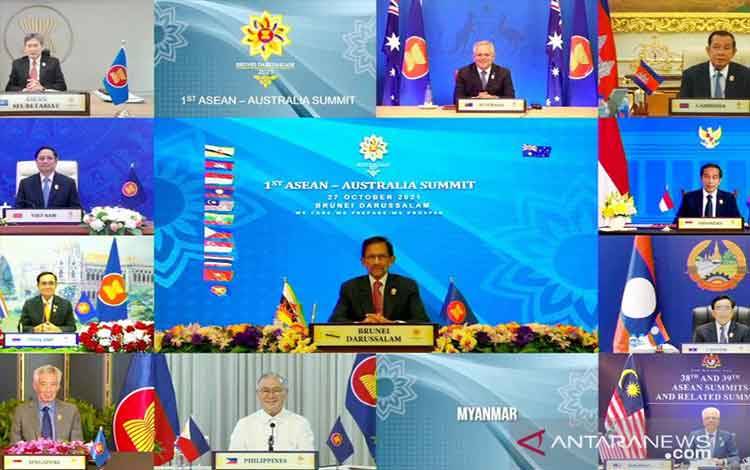 Tangkapan layar penyelenggaraan KTT ASEAN-Australia secara virtual pada Rabu (27/10/2021). (ANTARA/HO-ASEAN Summit 2021)