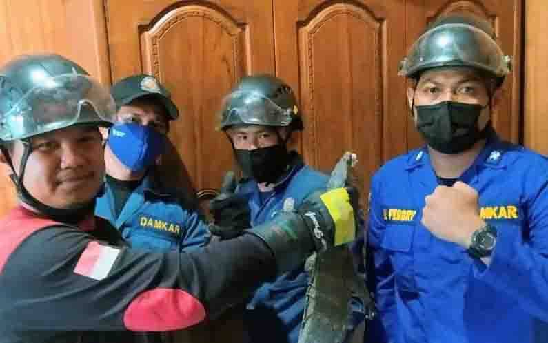 Petugas Disdamkarmat Kotim berfoto bersama biawak yang diamankan dari rumah warga di Jalan Kelapa Sawit, Sampit, Kotawaringin Timur