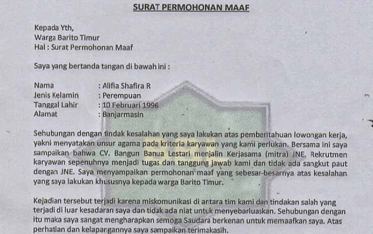 Potongan surat permohonan maaf dari Alifia Shafira R, penanggung jawab JNE Sub Agen Tamiang Layang