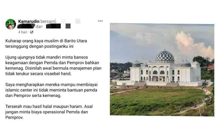 Postingan Kamarudin di akun Medsos mengenai pembangunan islamic Center Muara Teweh