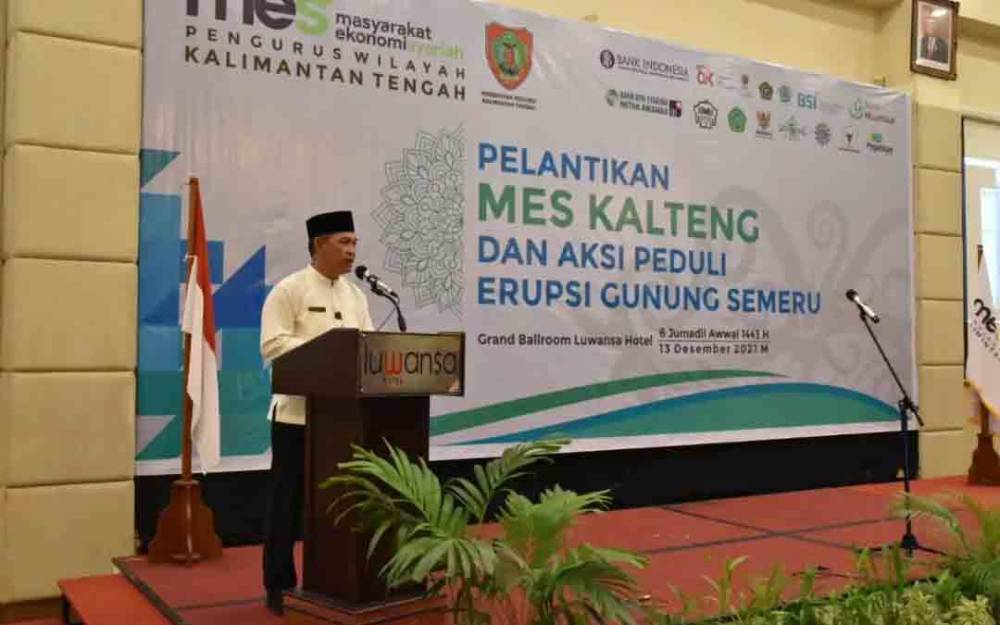 Ketua Umum MES Kalteng, Fahrizal Fitri saat menyampaikan sambutannya pada pelantikan PW MES Kalteng Periode 1442-1445 H/2021-2024 M, Senin, 13 Desember 2021.
