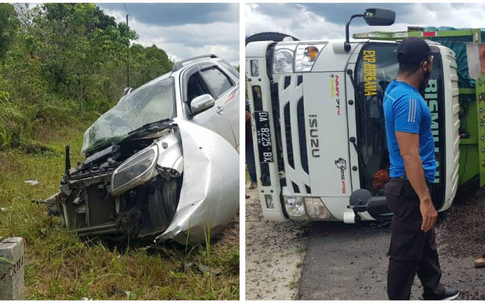 Mobil rush dan truk yang terlibat kecelakaan di Jalan Lintas Palangka Raya - Buntok, tepatnya masuk wilayah Bagugus, Kecamatan Mantangai, Kabupaten Kapuas, Selasa, 11 Januari 2022.