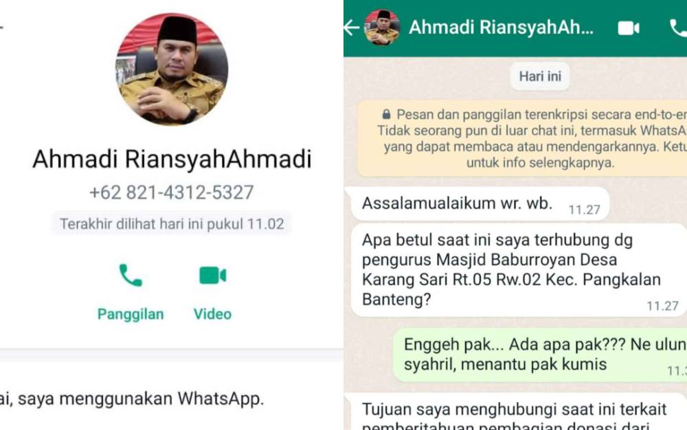 Tangkapan layar pesan WhatsApp yang mengatasnamakan Wakil Bupati Kotawaringin Barat, Ahmadi Riansyah.