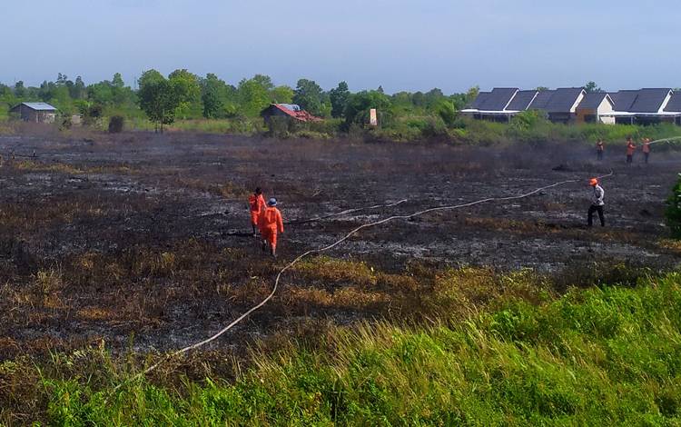 Petugas BPBD Kotim saat melakukan pendinginan di lahan terbakar di Sampit, Kotawaringin Timur