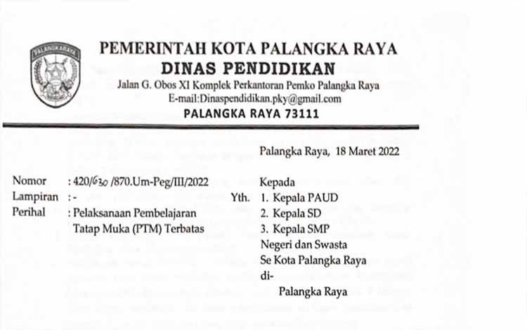 Surat edaran izin PTM Terbatas Dinas Pendidikan Kota Palangka Raya