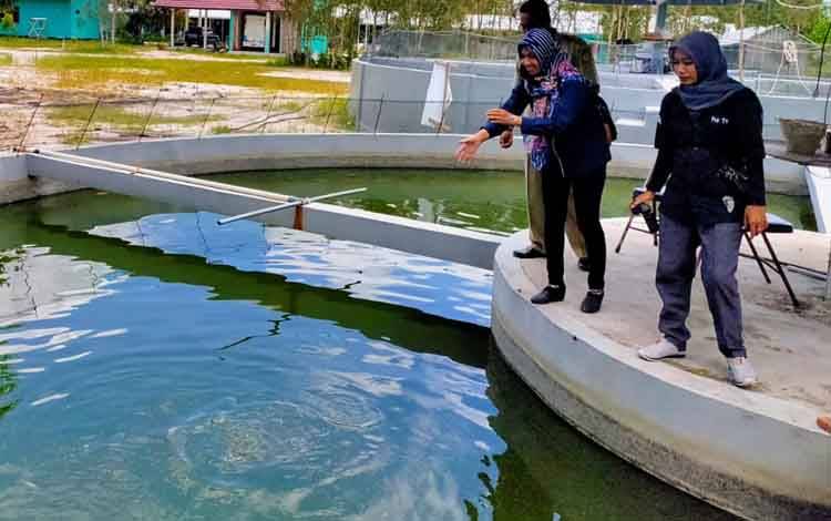 Sejumlah awak media memberi makan ikan di kolam budidaya Dinas Perikanan Kotim belum lama ini