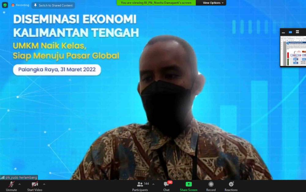 Deputi Kepala Perwakilan Bank Indonesia Kalteng, Yudo Herlambang dalam Diseminasi Laporan Perekonomian Provinsi atau LPP Kalteng Februari 2022 yang dilaksanakan secara virtual pada Kamis, 31 Maret 2022.