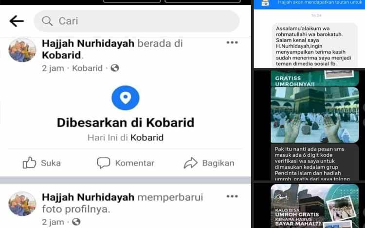 Screenshot akun Facebook yang mencatut nama Bupati Kobar Nurhidayah