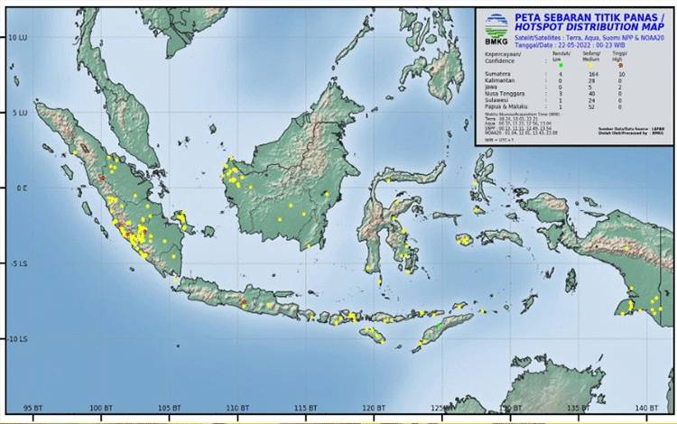 Peta sebaran titik panas di Indonesia, Minggu, 22 Mei 2022.
