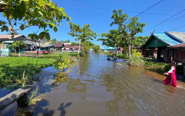 Kondisi perkampungan warga Desa Sungai Undang saat terendam banjir akibat pasang air laut, Selasa 24 Mei 2022 siang