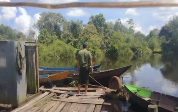 Komandan BKSDA Pos Jaga Sampit, Muriansyah, saat memerhatikan kondisi Sungai Sampit, tempat munculnya para buaya.