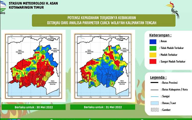 Peta potensi kemudahan kebakaran di Kalimantan, Senin, 30 Mei 2022.