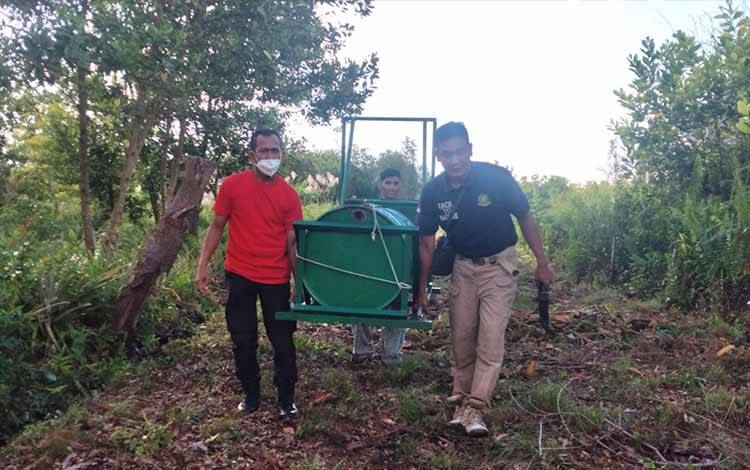 Petugas BKSDA Pos Jaga Sampit, mengambil perangkap beruang yang dipasang di Jalan Madiun Ngawi, Pramuka Sampit, Kotawaringin Timur.