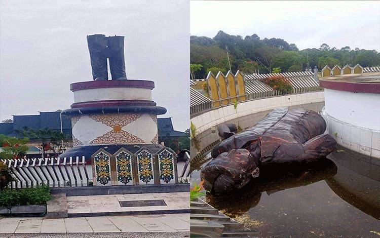 Foto viral di media sosial menunjukkan kondisi patung Pahlawan Nasional Tjilik Riwut pasca roboh. Patung itu terletak di tengah bundaran perkantoran Bupati Katingan.