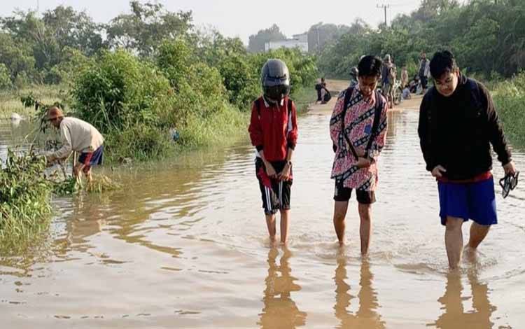 Akibat meluapnya air Sungai Lamandau, jalan pengubung Desa Rungun - Desa Kondang, Kecamatan Kotawaringin Lama, Kabupaten Kobar terendam banjir