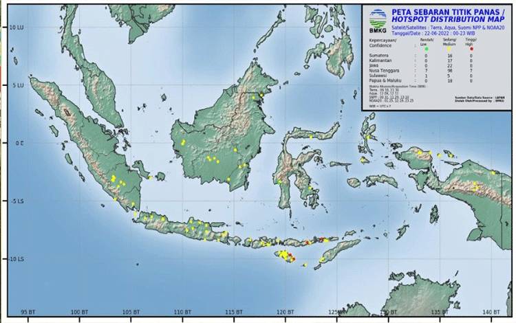 Peta sebaran titik panas di seluruh Indonesia, Rabu, 22, Juni 2022.